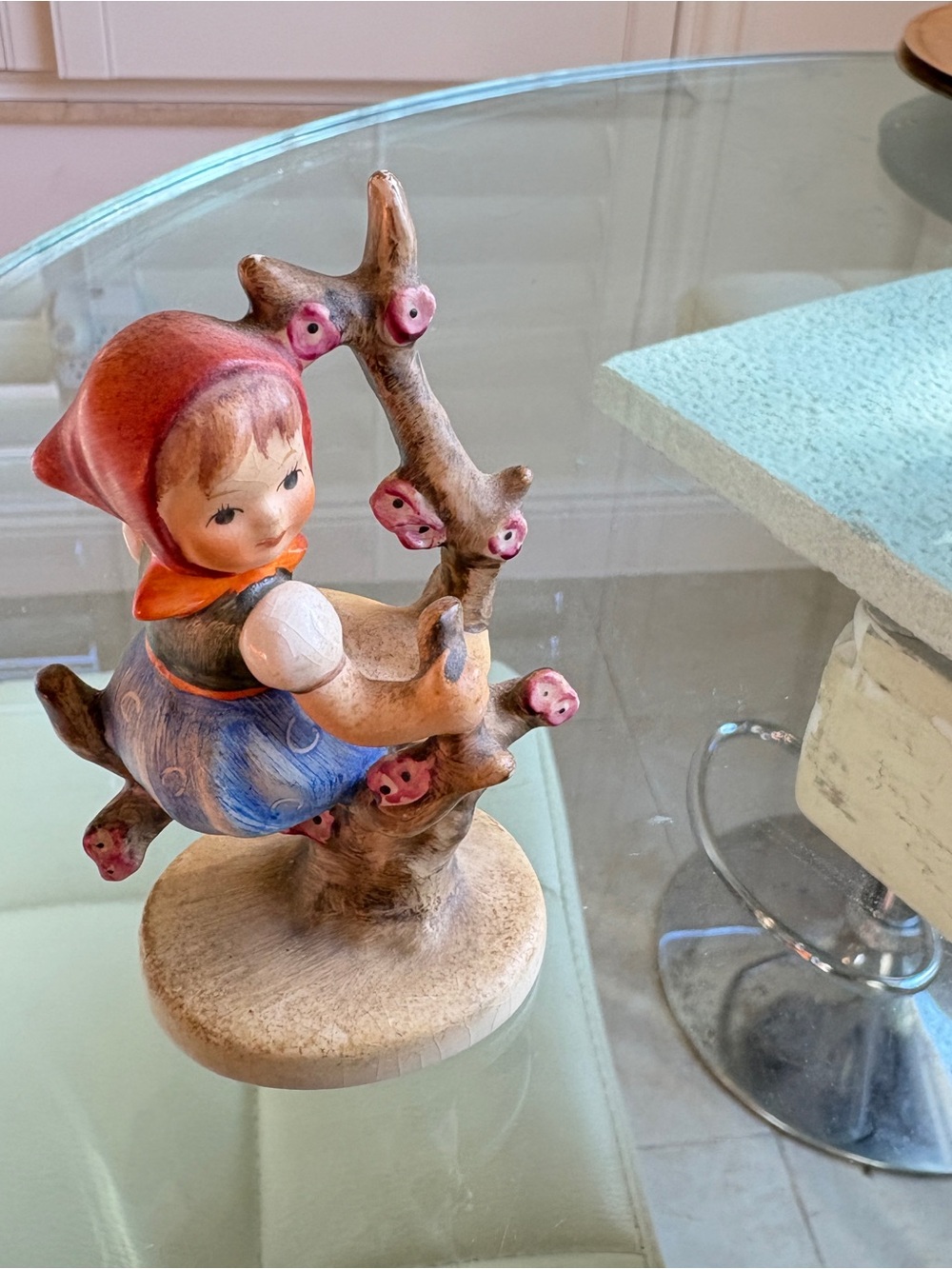 Hummel Red-Headscarf Blue Dress Girl on Tree Figurine